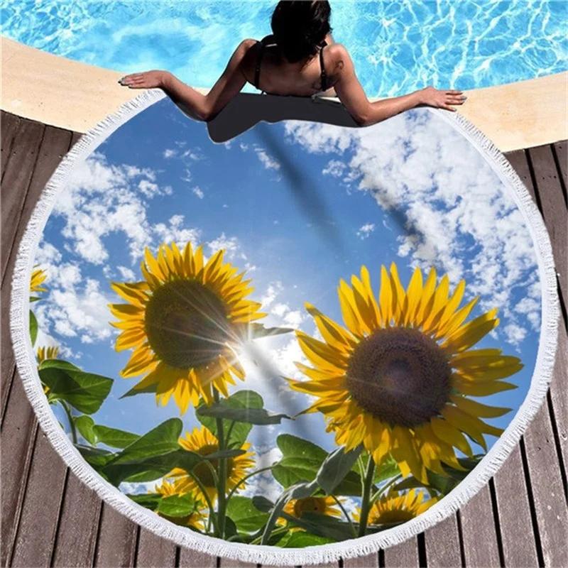 Sunflower Printed Round Beach Towel Home Decorations Furnishing Bedroom Microfiber Travel Camping Yoga Shawl Mat Bath Towel