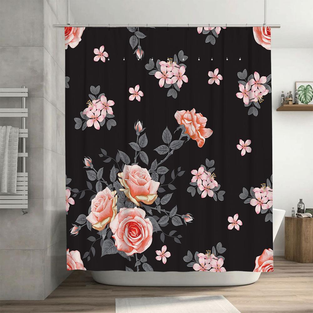 Delightful Floral Shower Curtain, Pink Roses Gray Blossoms Decor, Black Bath Fabric Curtain For Bathroom Decor, Waterproof Showe