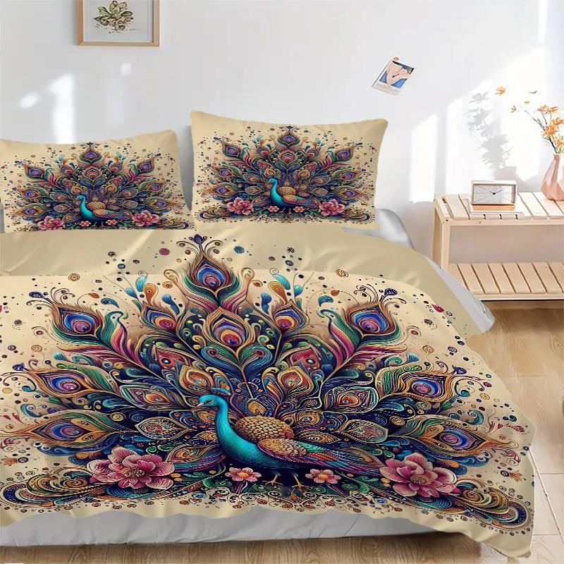3pcs Nature's Beauty Peacock Quilt Cover Set - Soft and Cozy Bedroom, Guest Room and Dorm Decorative Bedding 3-Piece Set 1 Quilt Cover + 2 Pillow
