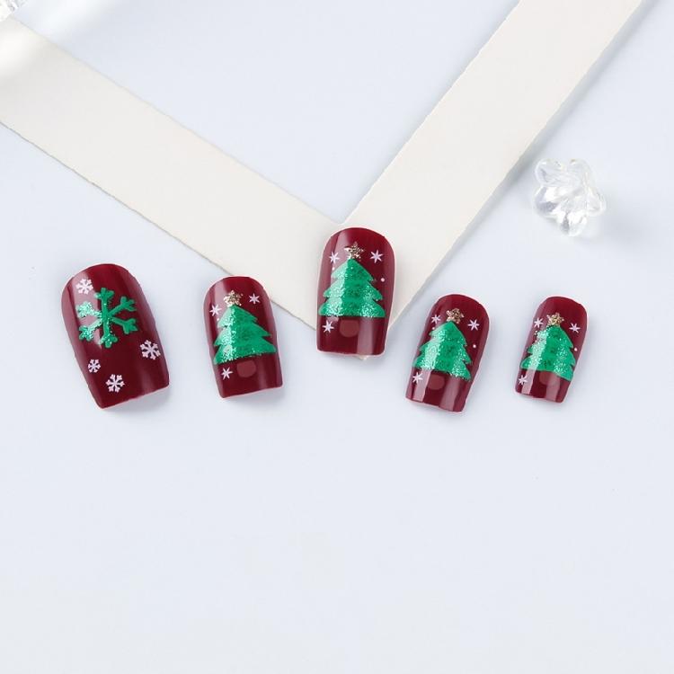 24Pcs Christmas Themed Press on Tips Gold Foil Striped Christmas Snowflake Design Short Square Artificial Nail Tips