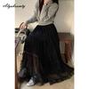 Spring Summer Women Fairy Long Skirt High Waist Gray Apricot Black Yellow Mesh Skirt Romantic Ruffles Tierred Skirts Womens