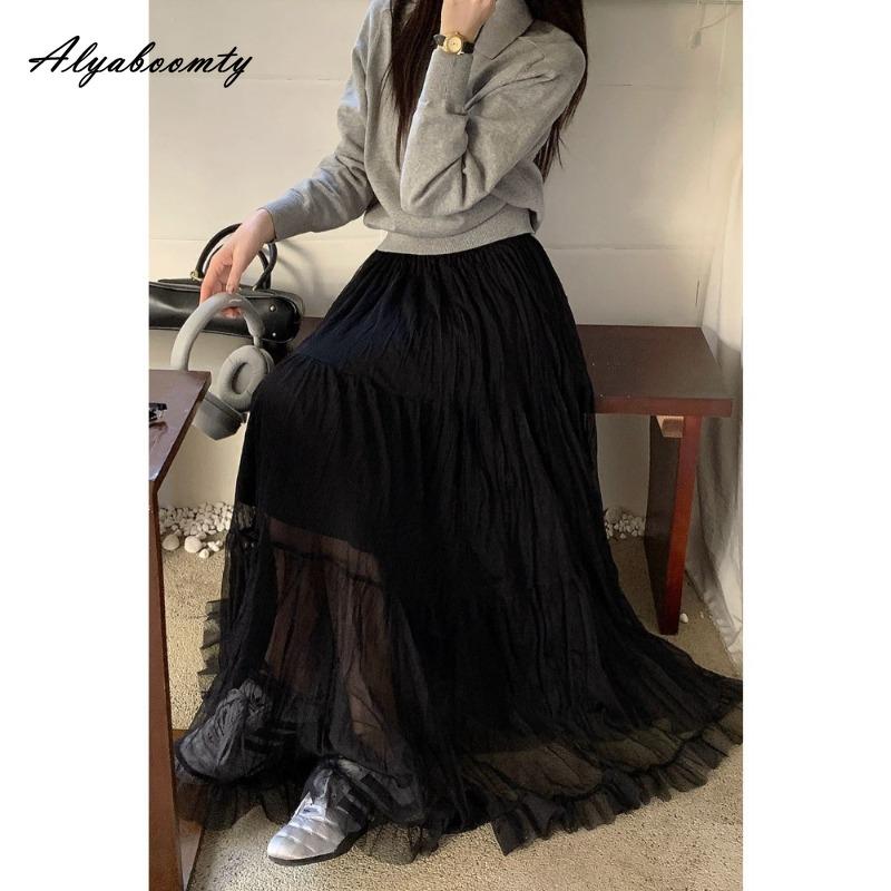 Spring Summer Women Fairy Long Skirt High Waist Gray Apricot Black Yellow Mesh Skirt Romantic Ruffles Tierred Skirts Womens