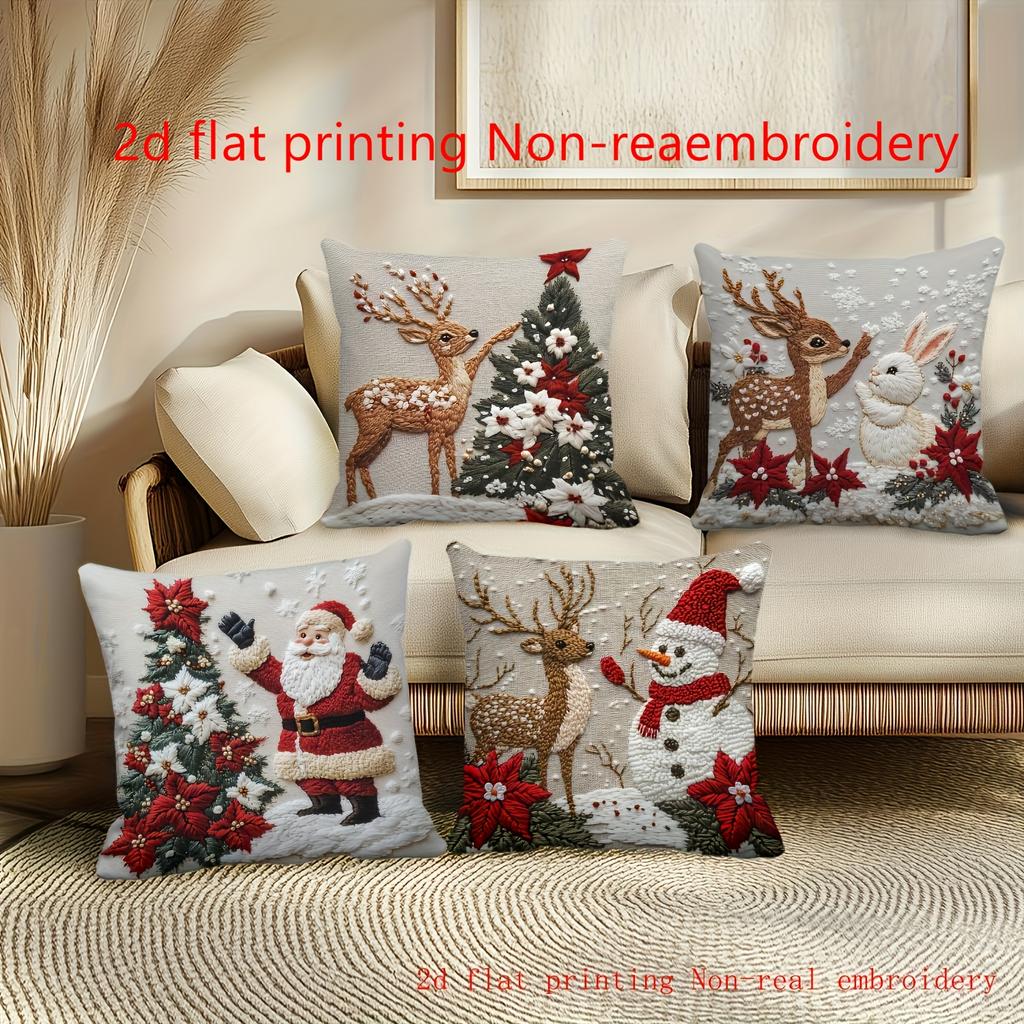 2D Flat Printing, 4 Christmas Themed Pillowcases, Featuring Design Elements Such As Santa Claus and Reindeer, Non Real Embroidery,  Zippered Closure
