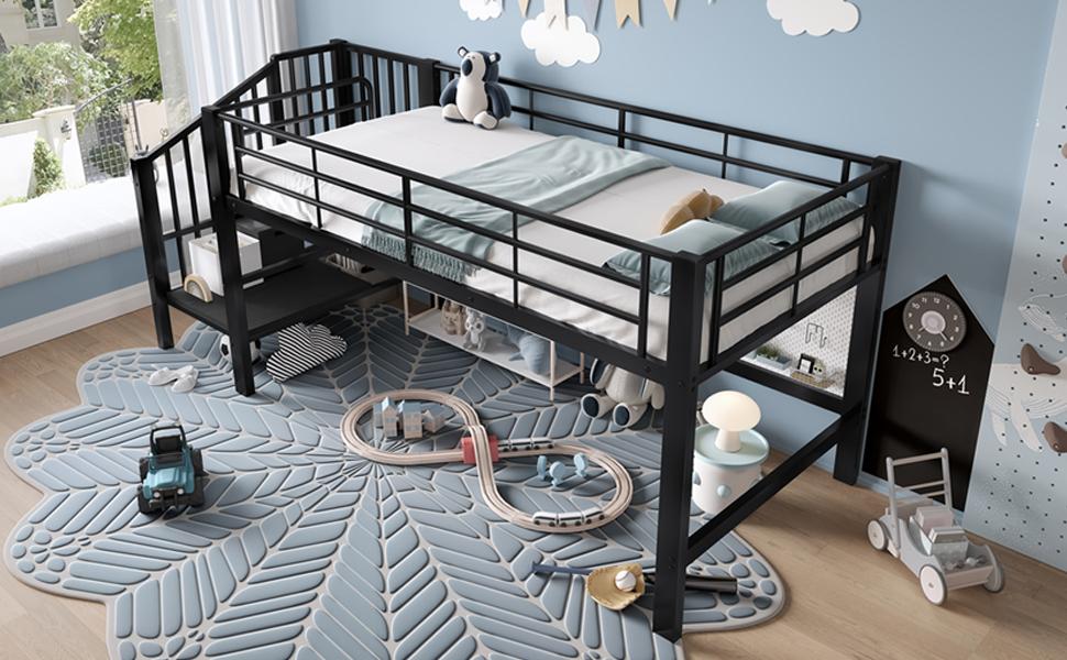 90 x 200 Halbhochbett mit Stauraumtreppe, Schwarz