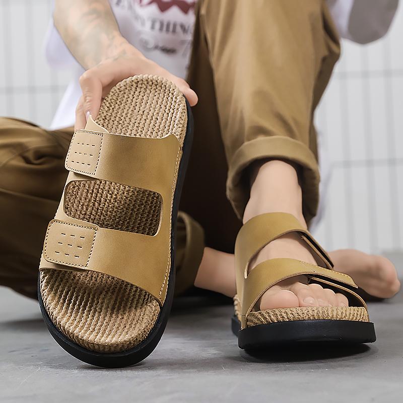 Men'S One-Strap Woven Slides Slippers Summer New Breathable Lightweight Soft Sole Anti Slip Outdoor Quick Dry Casual Beach Shoes