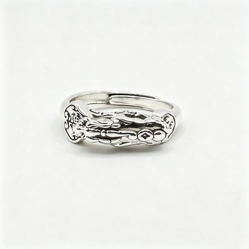 Adjustable Vintage Pixiu Ring With Antique Copper Finish Embossed Coin Fu Character Unisex Retro Chinese Style Jewelry