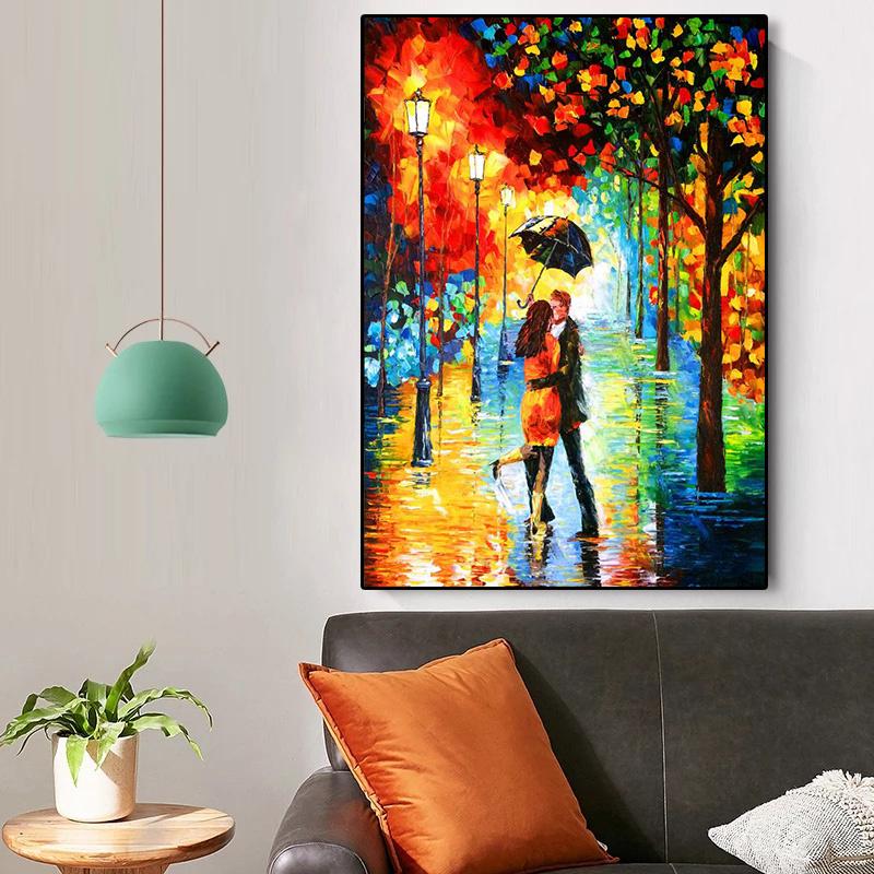 Abstraktes Kunstwerk, Treffen des Liebhabers im Regen, Leinwand-Ölgemälde, abstrakte Landschaft, goldene Blätter, Wandkunst, Poster, Raumdekoration