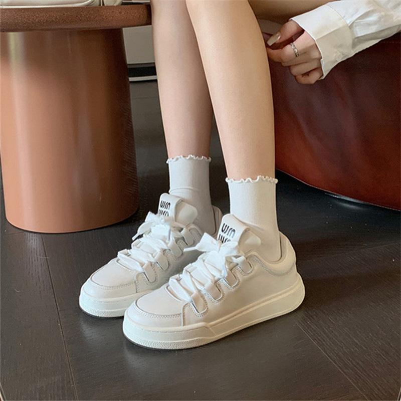 Leather Version Thick-soled Heightening Casual Sports Shoes Small White Shoes Women's Versatile Round Head Bread Shoes Lace-up Heightening Board Shoes
