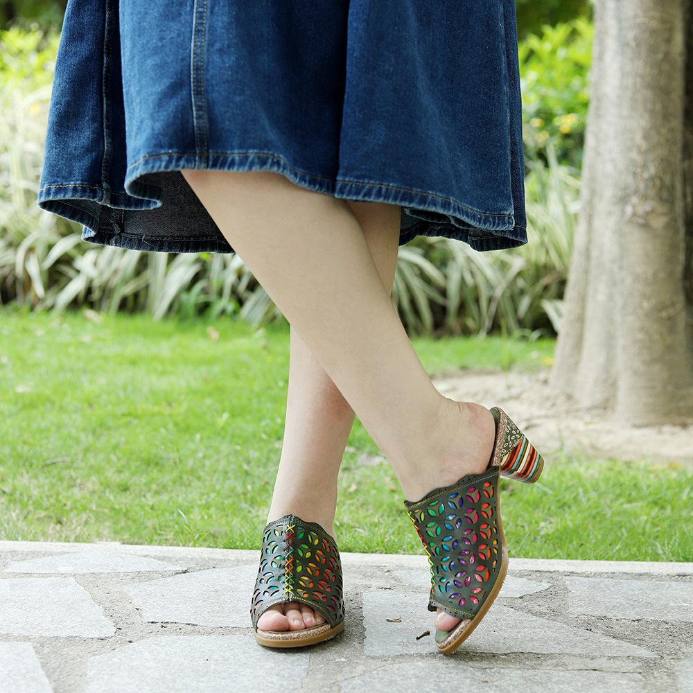 Papuci pictați manual, stil etnic, din piele naturală, din dantela, sandale pentru femei cu toc rotund