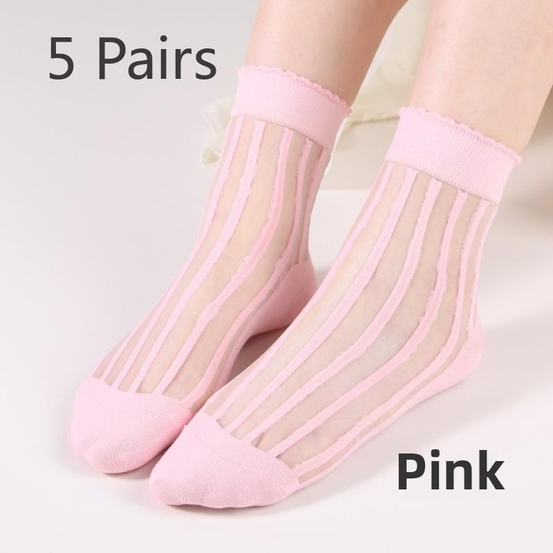 

5 пар вертикальных стеклянных чулок, дышащие прозрачные чулки со стразами для женщин, тонкие носки средней длины для женщин, весна и лето 5 Pairs розовый