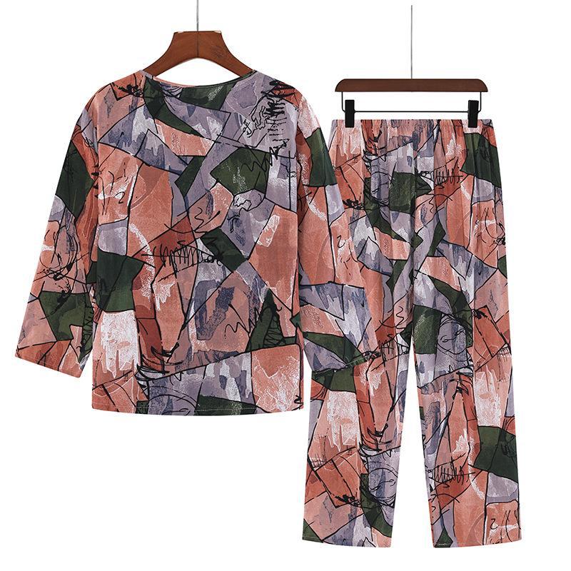 Women's Cotton Silk Pajama Set: Long-Sleeve Top & Trousers for Middle-aged & Elderly, Spring/Summer. Perfect As Homewear or Outerwear.