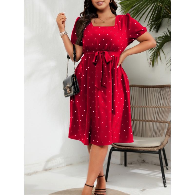 Summer Large Size Retro Polka Dot Dress Women Elegant Slim Waist Cinched Lace Up Square Neck Party Dress Fashion Elegant Sweet Casual Holiday Dresses