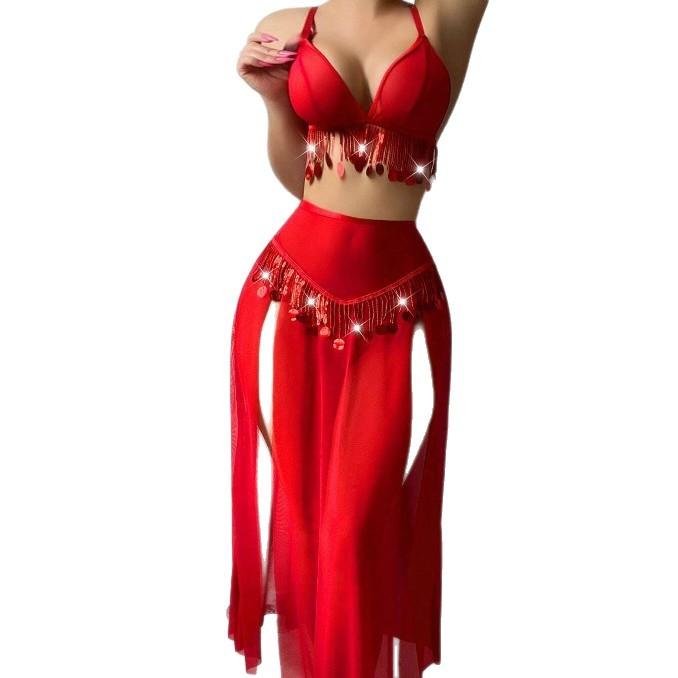 Sexy shiny hollowed-out women's underwear, long skirt set
