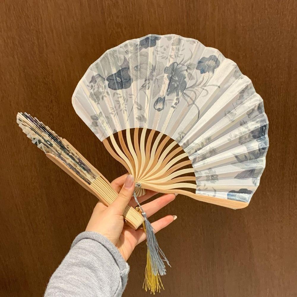 Woman Men Silk Flower Folding Fan Portable Retro Shell Fan Hand Fold Fan Living Room Cabinet Decor