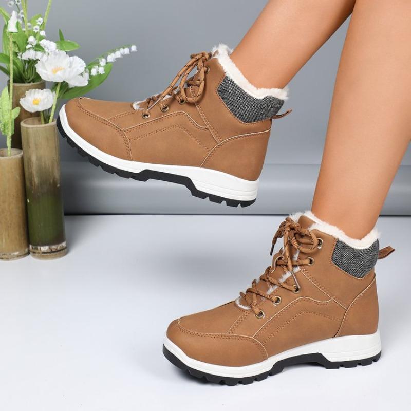 Winter New Cotton Boots Women's Fashion Round Head Front Lace-up Splicing and Fleece Thickened Comfortable Flat Ankle Boots