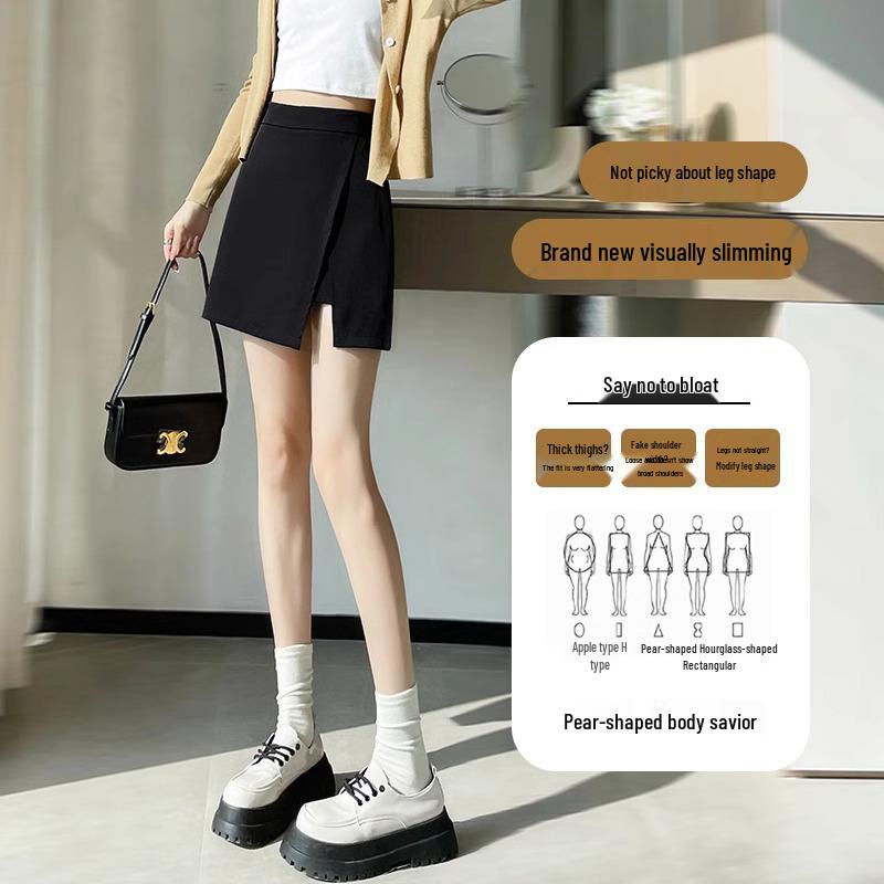 Women's High-Waist Black A-Line Midi Skirt with Irregular Slit - Summer 2024 Fashion