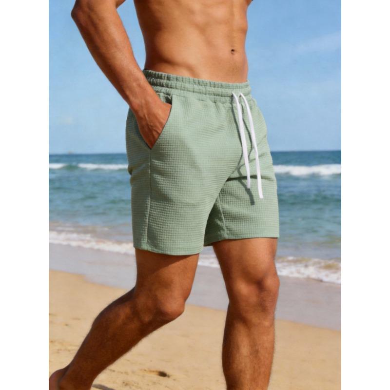 Mens Solid Color Waffle Drawstring Pockets Casual Straight Summer Shorts