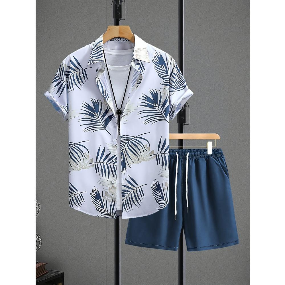2 Stück Sommer Herren Tropische Stranddrucke Shorts & Hemden Set Kordelzug Taille Strandbekleidung Tropischer Druck Asiatische Größe Mode