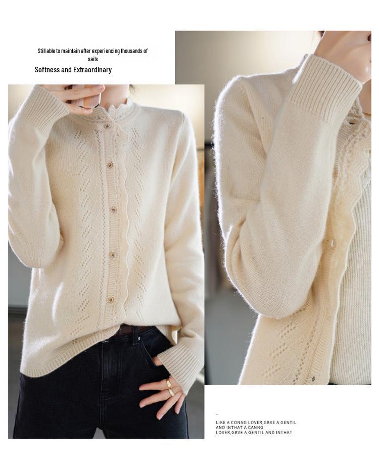 Women's Hollow Lace Wool Cardigan - Half-High Neck, Long Sleeve, Thick Autumn/Winter Style, Versatile, Fashionable Top