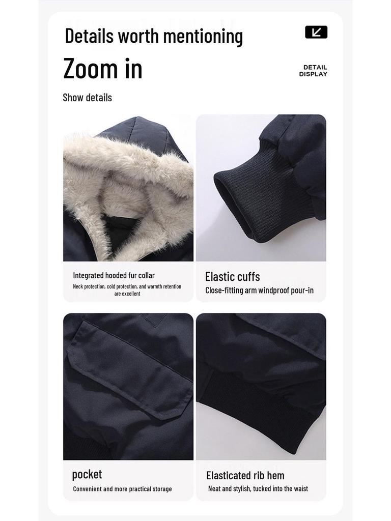 Jaqueta de Neve Masculina Retro com Capuz, Estampa Leopardo das Neves, Gola de Pelo Genuíno, 90% Penugem de Pato, Estilo Curto para Exterior.