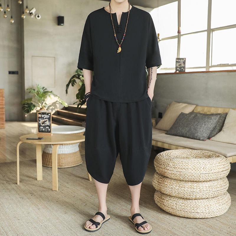 Men's Retro Chinese-Style Short Sleeve Cotton Linen Two-Piece Summer Hanfu Suit
