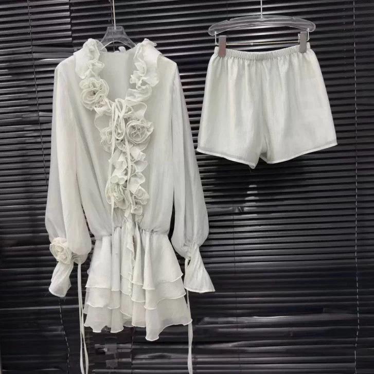 

Spring 2026 French Style 3D Flower Lantern Sleeve Dress with Safety Pants S зелений