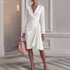 Women's Solid Color Wrap V‑Neck Long Sleeve Ruched Midi Dress Elegant Cocktail Party Dress