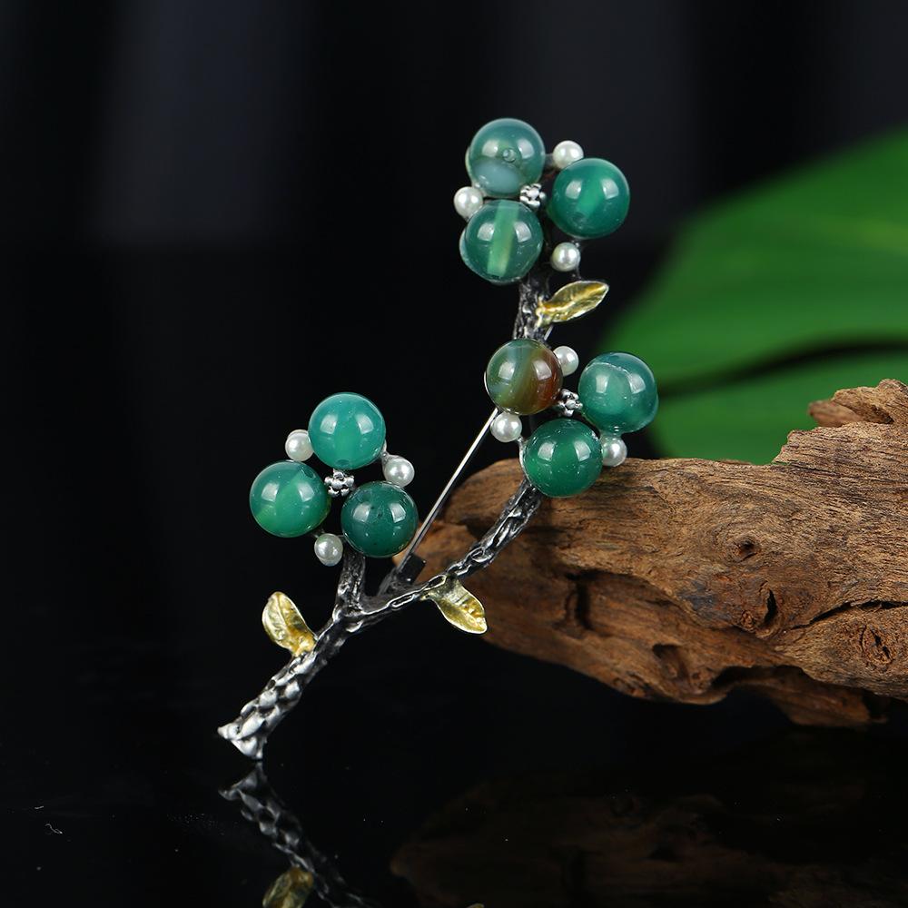 Retro brož z přírodního achátu, špičkový klasický temperament, literární a všestranná rostlinná jehlice, kabát, kardigan, korsážové doplňky