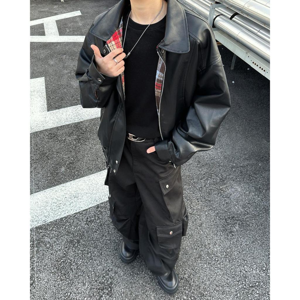 Men's Retro Loose Plaid Reversible PU Leather Jacket - Trendy American Spring/Autumn Outerwear