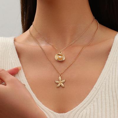 Fashion, Literary and Holiday Style, Metal Double-layer Marine Life Pendant Necklace, Daily Travel Wear