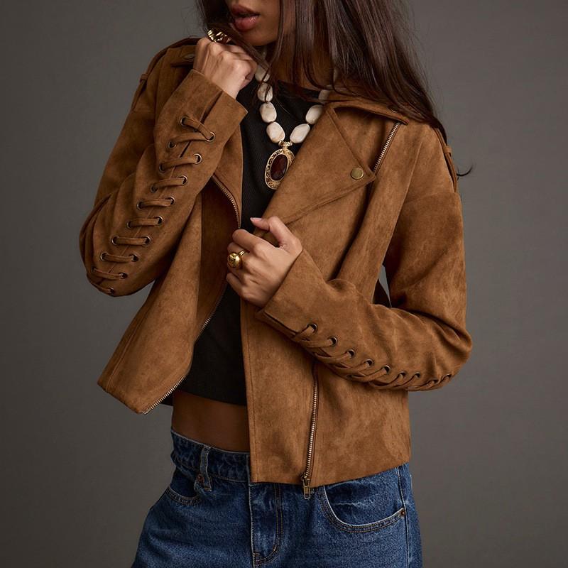 Womens Winter Slim Fit Suede Jacket With Fringe Detail Long Sleeve Short Coat