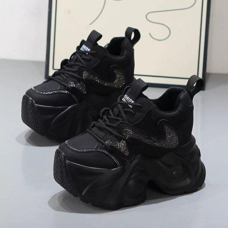Fleece platform dad shoes autumn and winter new rhinestone small height increase casual sports shoes