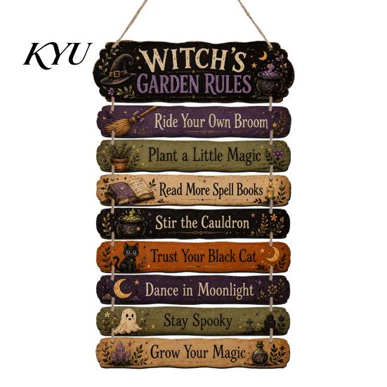 Hanging Wooden Plaque Witch's Fall Rules Sign, Vintage Halloween Wood Wall Rustic Style Art Farmhouse for Outdoor Porch Yard, Home Decor Black