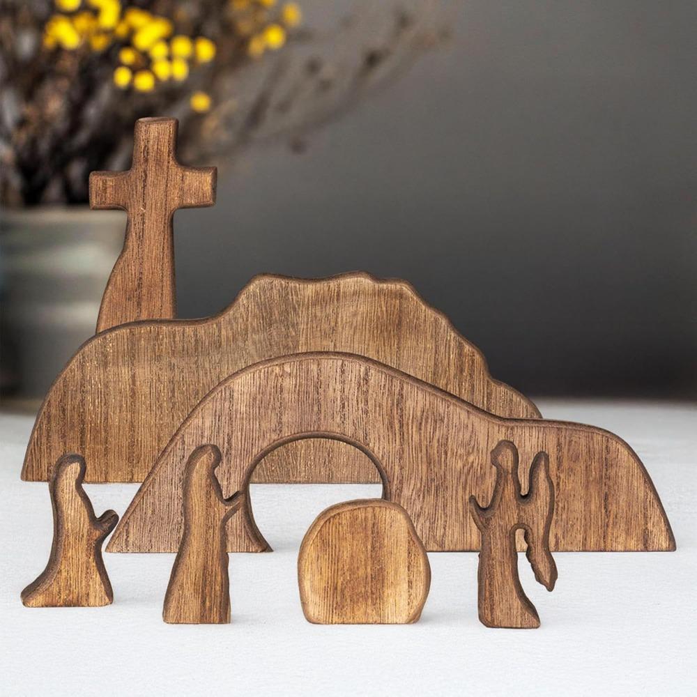 Ornement de scène de Pâques Tombeau Vide en Bois Portable Mini Décoratif Plateau Tombeau de Jésus Ensemble Ornement de Croix de Pâques DIY Cadeau