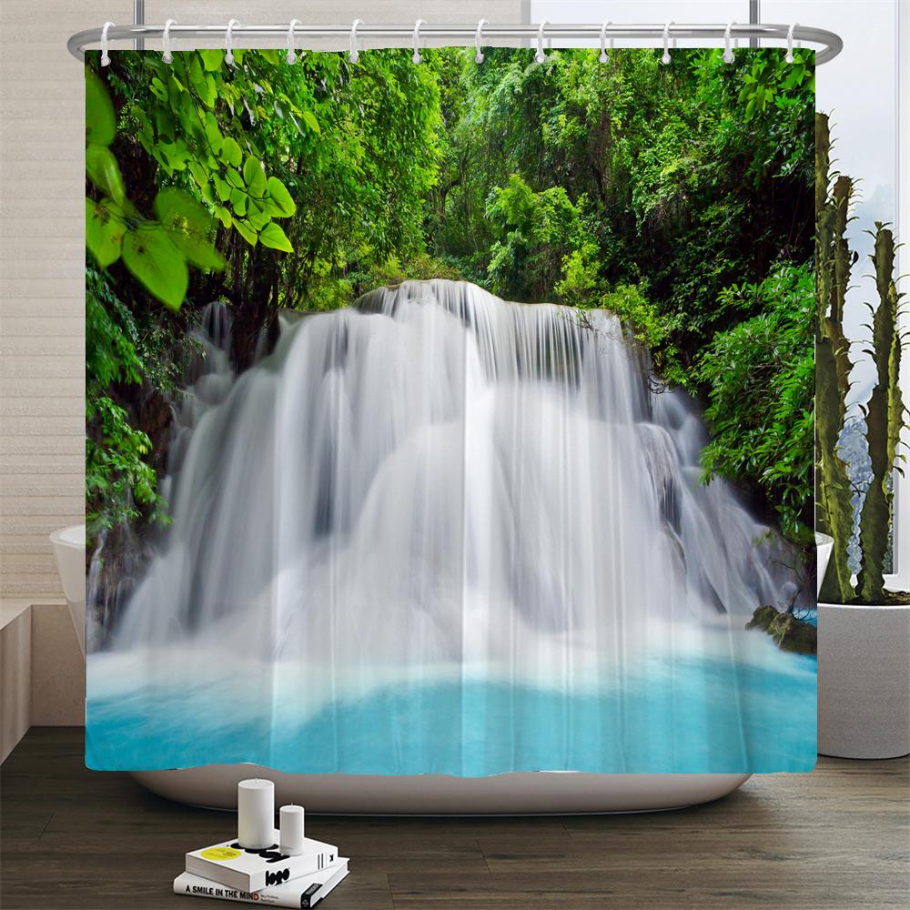 Natural Scenery Shower Curtain Set Forest Waterfall Spring Landscape Home Bathtub Decor Waterproof Polyester Bathroom Curtains