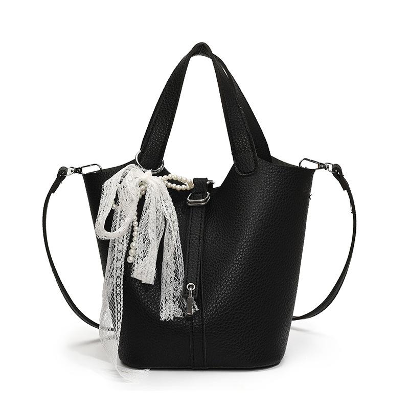 Simple Temperament Lychee Pattern Portable Bucket Bag Casual Light Luxury Solid Color High-end Messenger Bag Bag Female