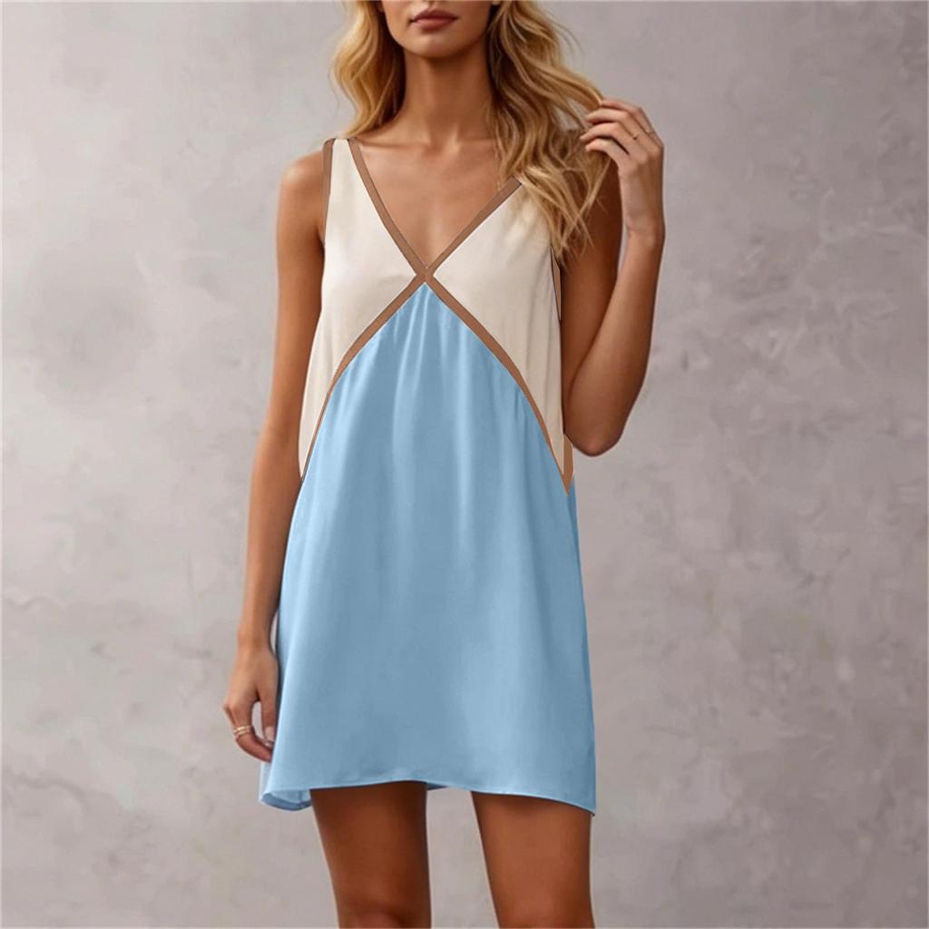 Women's Casual V Neck Loose Fit Sleeveless Dress Color Block Mini Dress Summer Beachwear Lightweight Comfortable