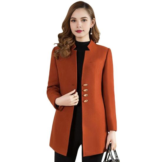 Women Winter Coat Formal Business Style Stand Collar Single-breasted Mid Length Slim Fit OL Commuting Jacket Solid Color Thick Outerwear