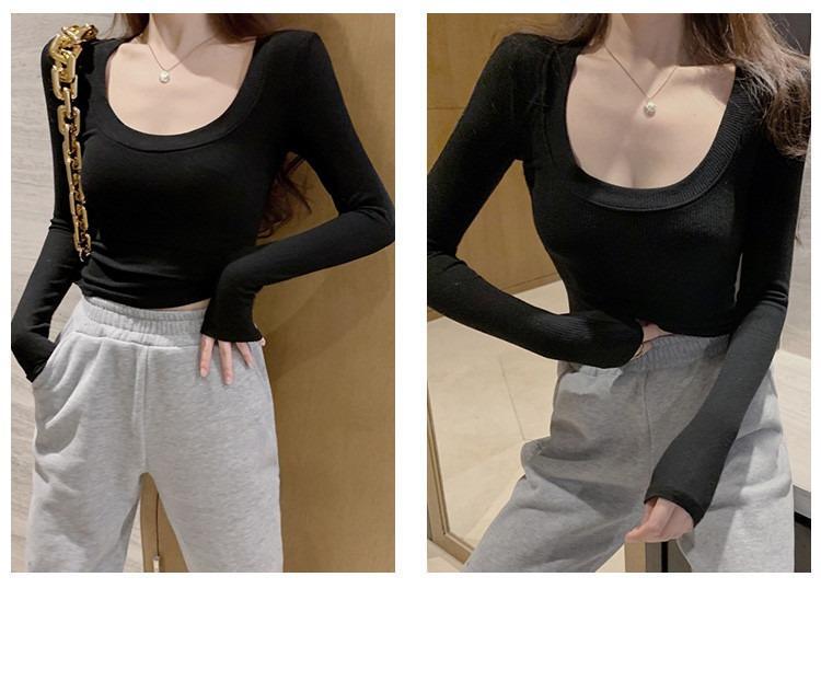 Women's Slim Fit Ribbed U-Neck Long-Sleeve Tee - New Autumn/Winter Korean Style