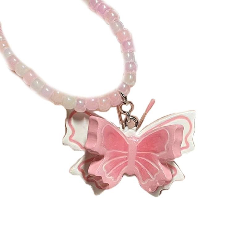 Fashion Resin Beaded Choker Sweet Butterfly Pendant Necklace Simple Collar Necklace Elegant Clavicle Chain Jewelry