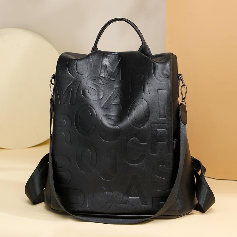 Large Capacity Backpack Women's Letter Backpack Soft Leather Travel Bag Multifunctional Shoulder Bag