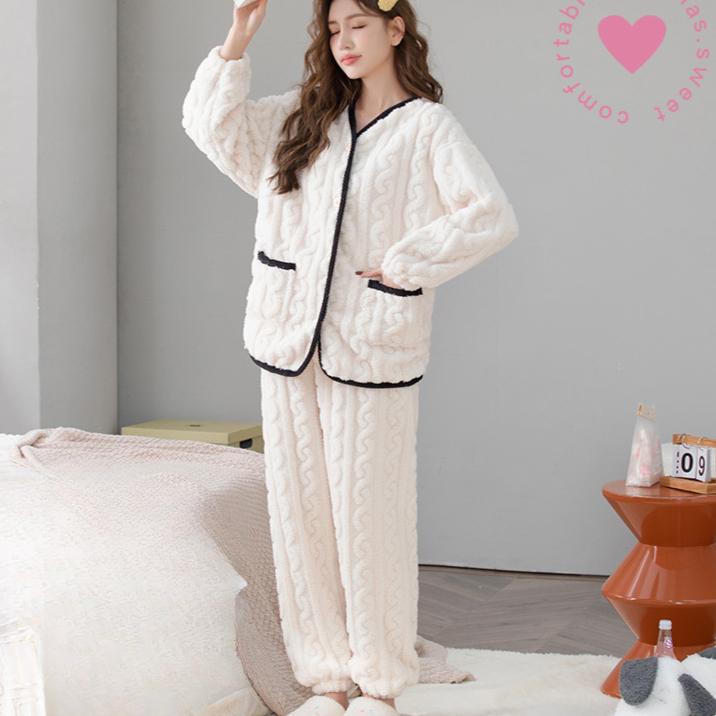 

Зимняя женская пижама, жаккардовая, пушистая, элегантная, белая, с V-образным вырезом, с лацканами, термопижама, повседневная, ночная одежда M белый