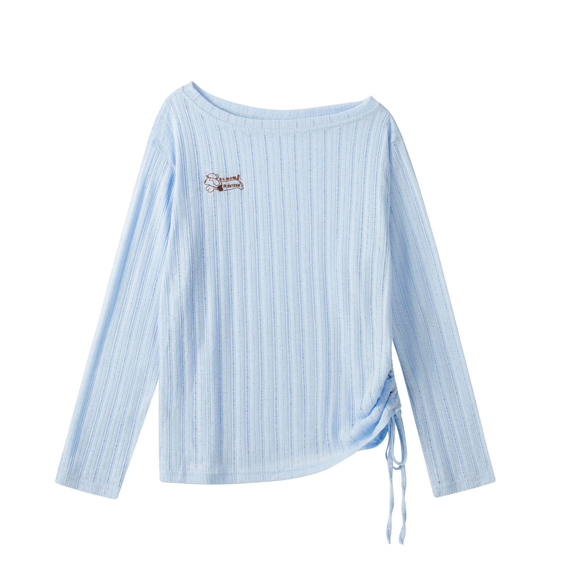 Women s Off-shoulder Striped Lace-up Long Sleeve Retro Top Small синий