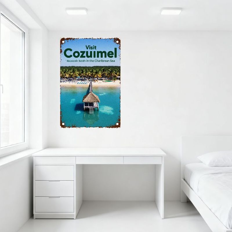 Vintage Cozumel Metal Tin Sign, Rustic Caribbean Beach Pier Palm Trees Design, Home Bar Wall Decor for Island Travel Enthusiasts