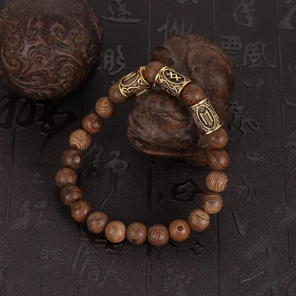 Classic Gold Vikings Runes Bracelet 8Mm Lava Stone Handmade Elastic Jewelry for Women Men