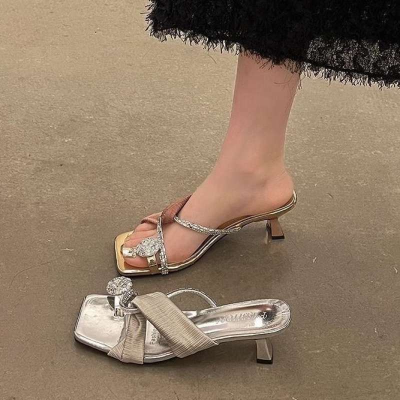 Set of Toe French Small Cool Slippers Fairy Shoes 2025 New Summer Fashion Outer Wear Thin Heel Rhinestone Niche Sandals