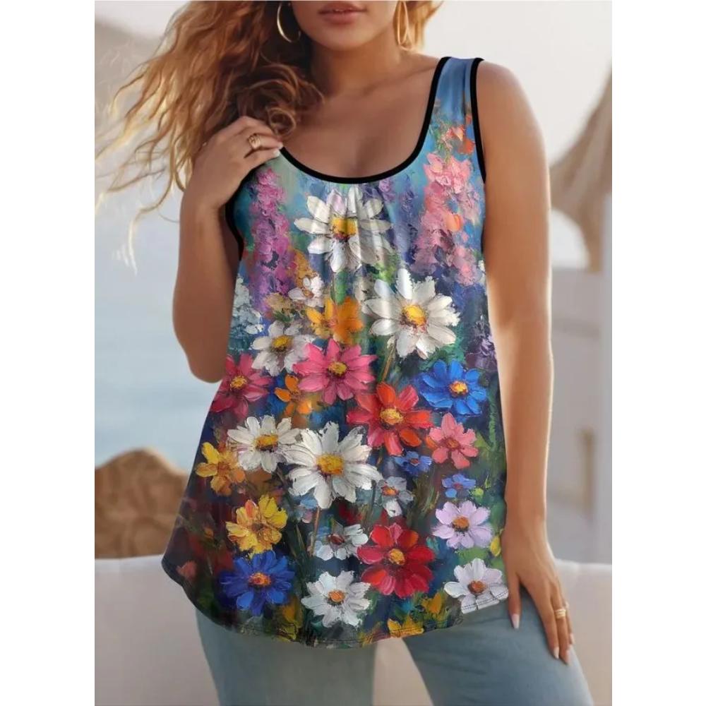 Casual Versatile Flower Printed Top Fashion Sleeveless Women s Vest Comfortable Crew Neck XS