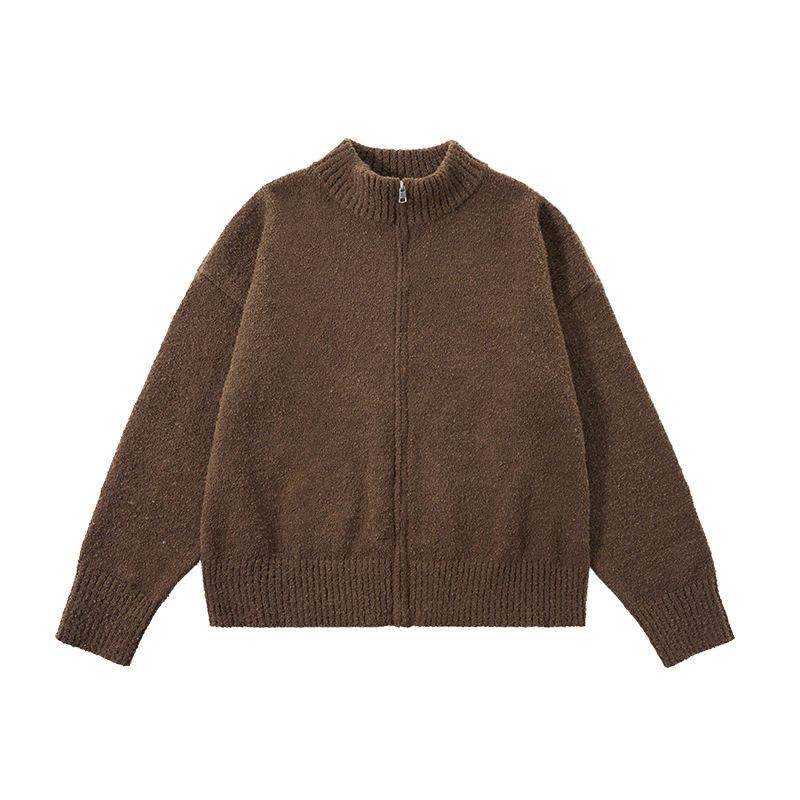 

American Street Style Retro Money-Print Stand-Up Collar Sweater Jacket for Men 2025 Autumn and Winter Trendy Brand Loose Warm Knitwear for Couples Ebony Brown XL