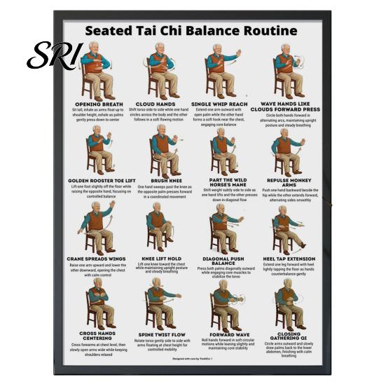 Tai Chi Chair Exercise Poster Workout Unframed Routine Clear Visual Instructions Low Impact Guide Seated Chart for Seniors Beginners Gentle