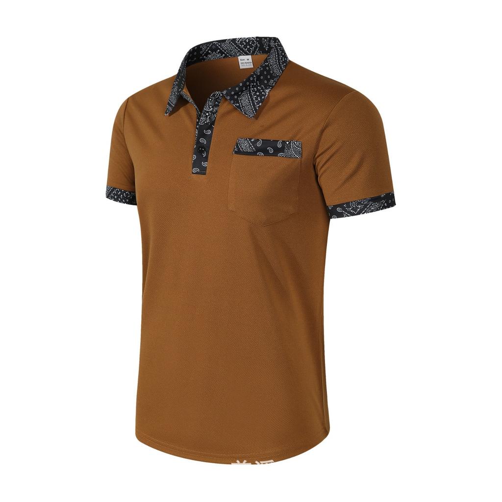 Men's Fashion Collar Print  Loose Polo Shirts Short Sleeve Turn-down  Solid Color Simple T-shirt Top